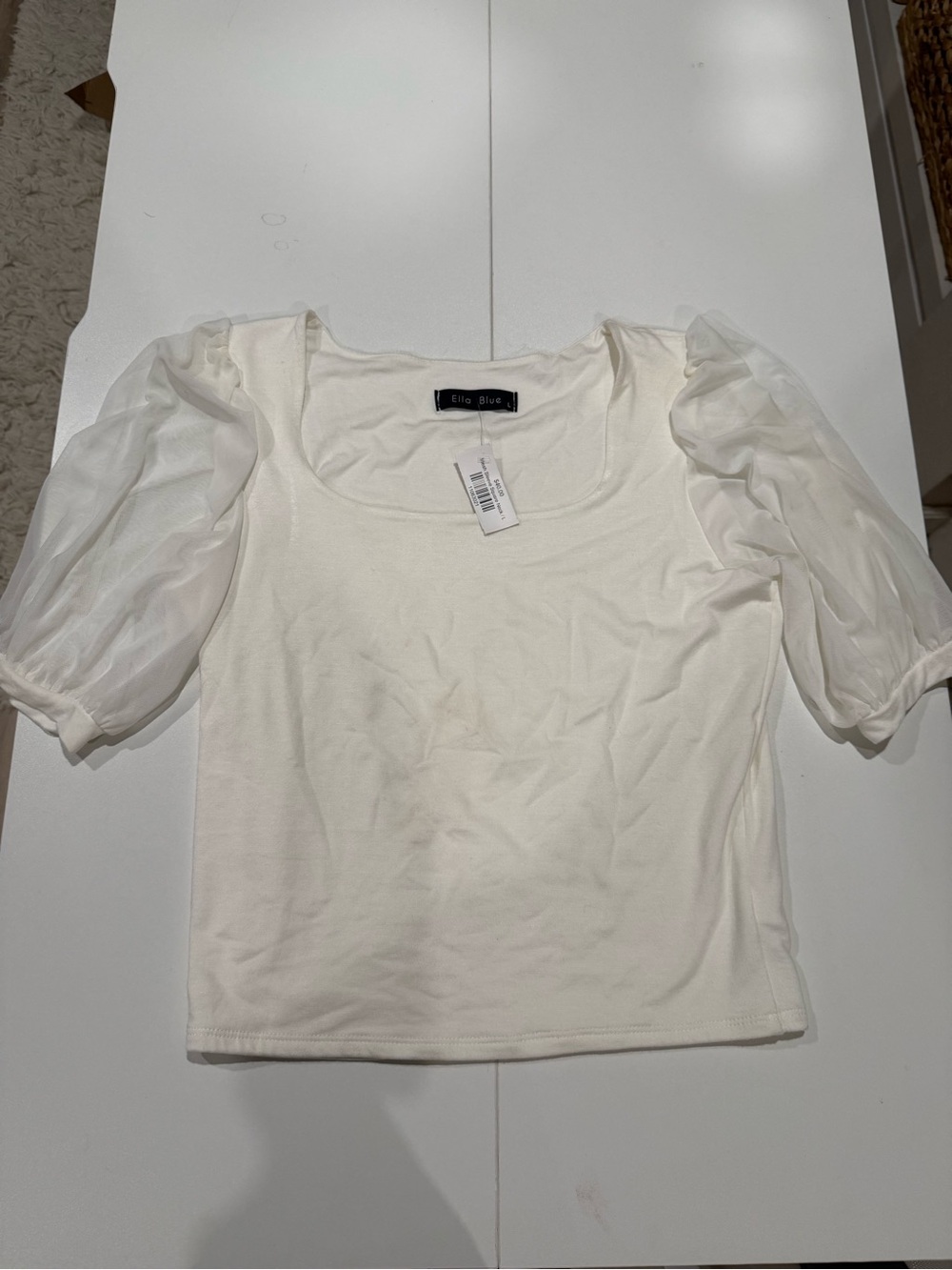 Ella Blue Cream Puff-Sleeve Scoop Neck Top Size Large